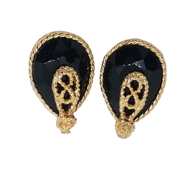 ELLEN DESIGNS VINTAGE 1980s BLACK GLASS & GOLDTONE CLIP ON STATEMENT EARRINGS - Picture 4 of 7